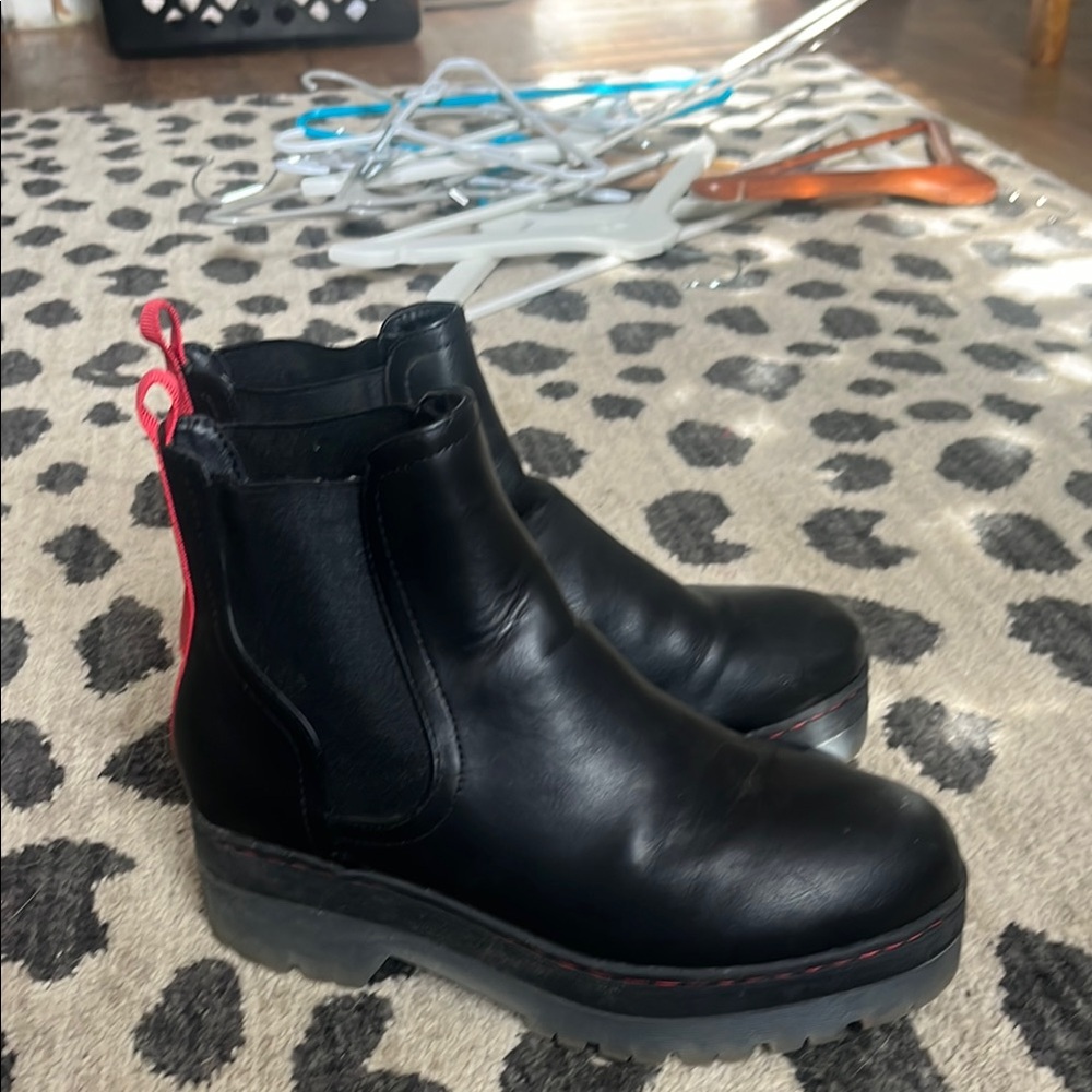 Black Leather Ankle Boots with Red Accents